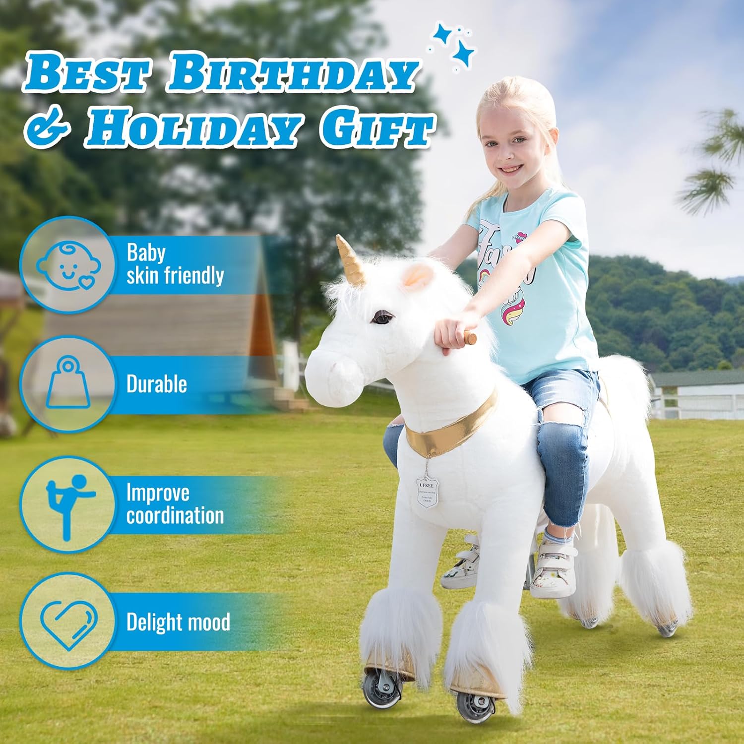 UFREE Ride on Unicorn Toy, Riding Plush Walking Unicorn for Girls, Birthday Gift for Children 4 to 9 Years Old, Height 36 Inch