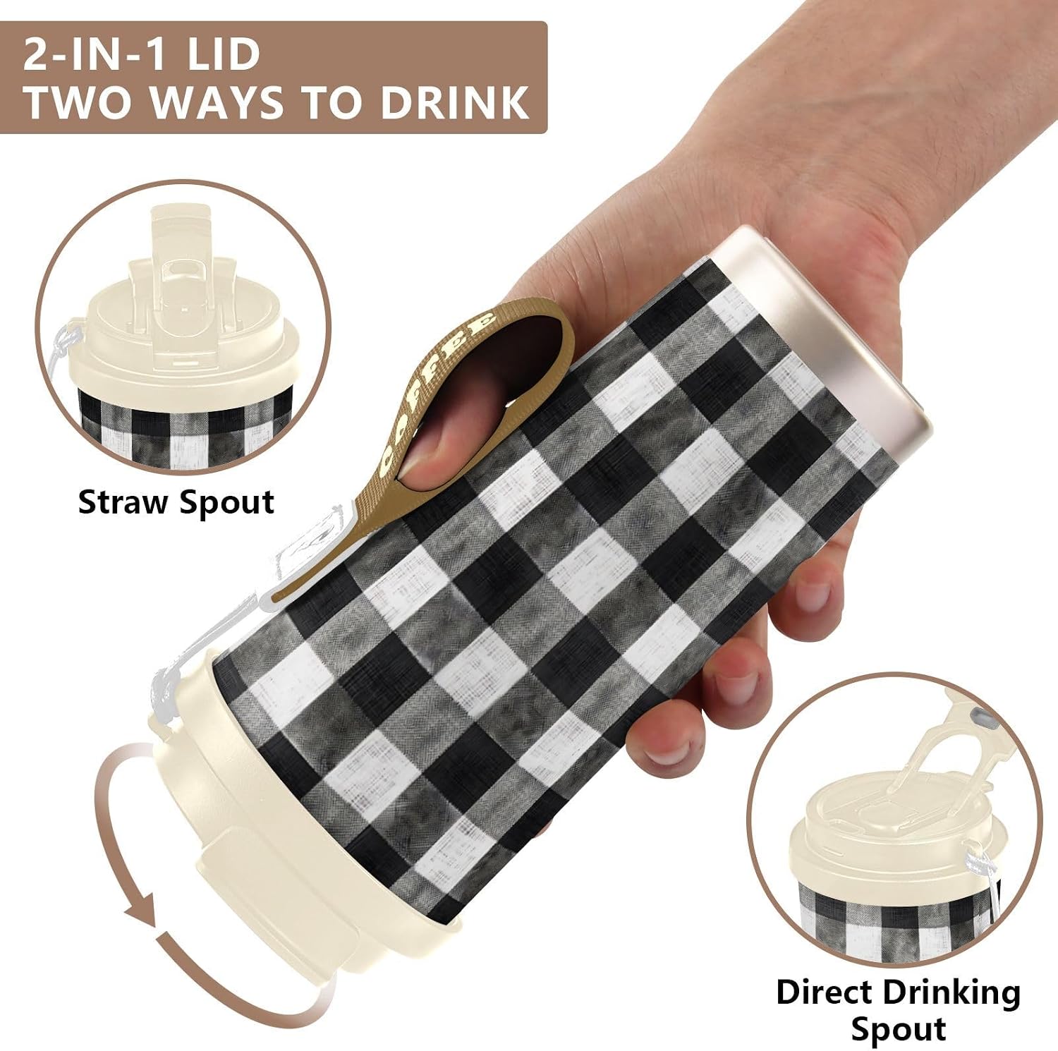 Buffalo Plaid Gray Insulated Coffee Mug with Straw & Flip Lid, 16.9oz Iced Tumbler Cup, Double Wall Vacuum Mug for Travel Office
