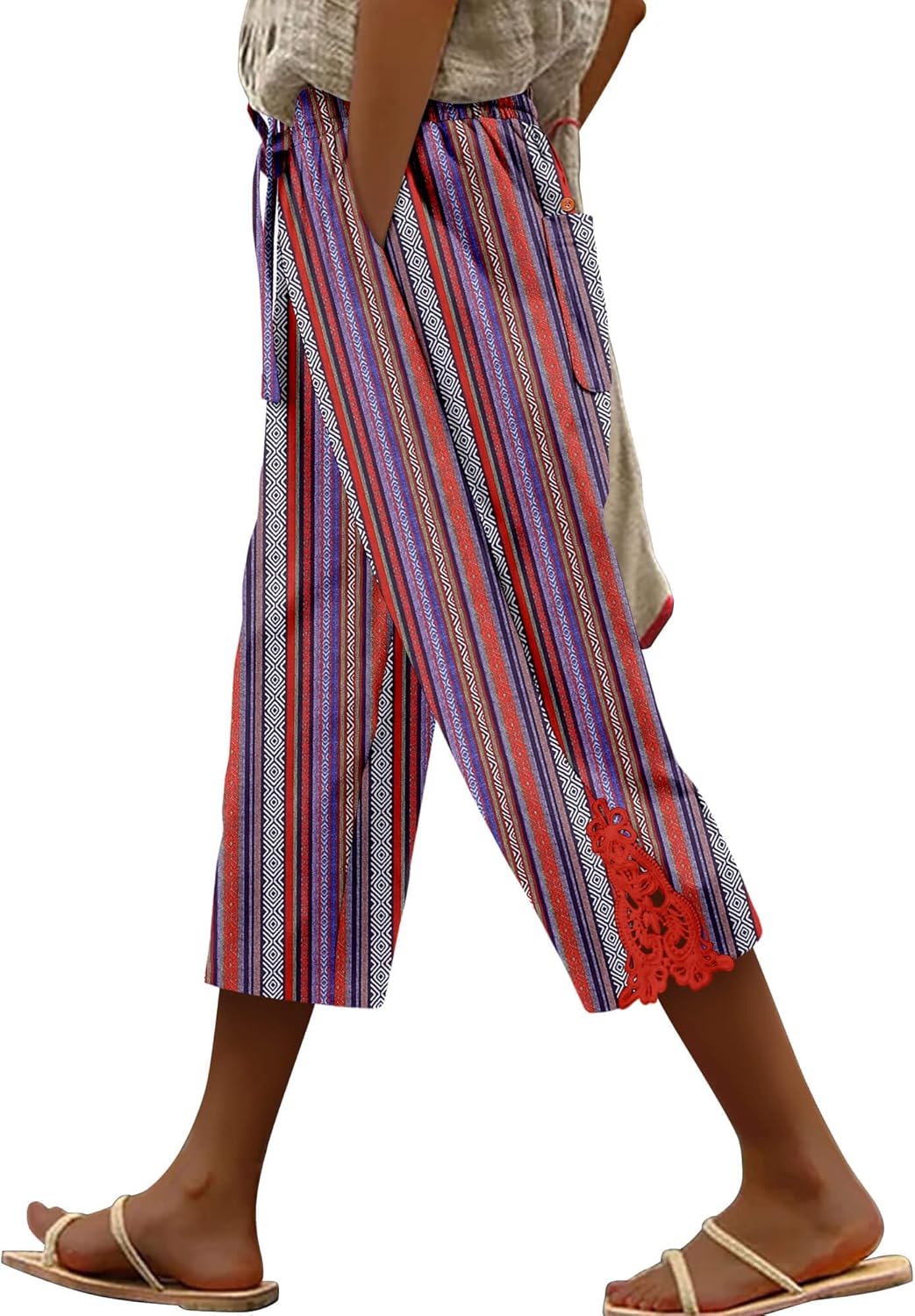 ONLYSHE Womens Capri Pants Casual Cotton Linen Trousers Lightweight Drawstring Elastic Waist Pants with Pockets,XS-3XL