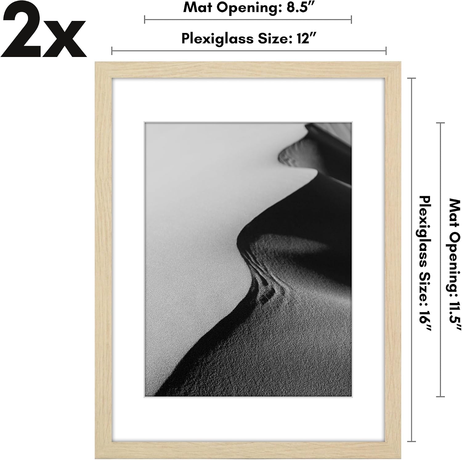 Americanflat 12x16 Picture Frame with Polished Plexiglass - Set of 2 - Use as 9x12 Frame with Mat or Display 12x16 Photo Without Mat - Galleria Collection - Picture Frames for Wall - Natural Oak