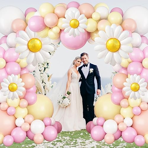 Vista 6 de Kit de arco de guirnalda de globos de margarita, 137 piezas de globos de papel de aluminio con diseño de flores, bohemio, pastel, rosa, amarillo