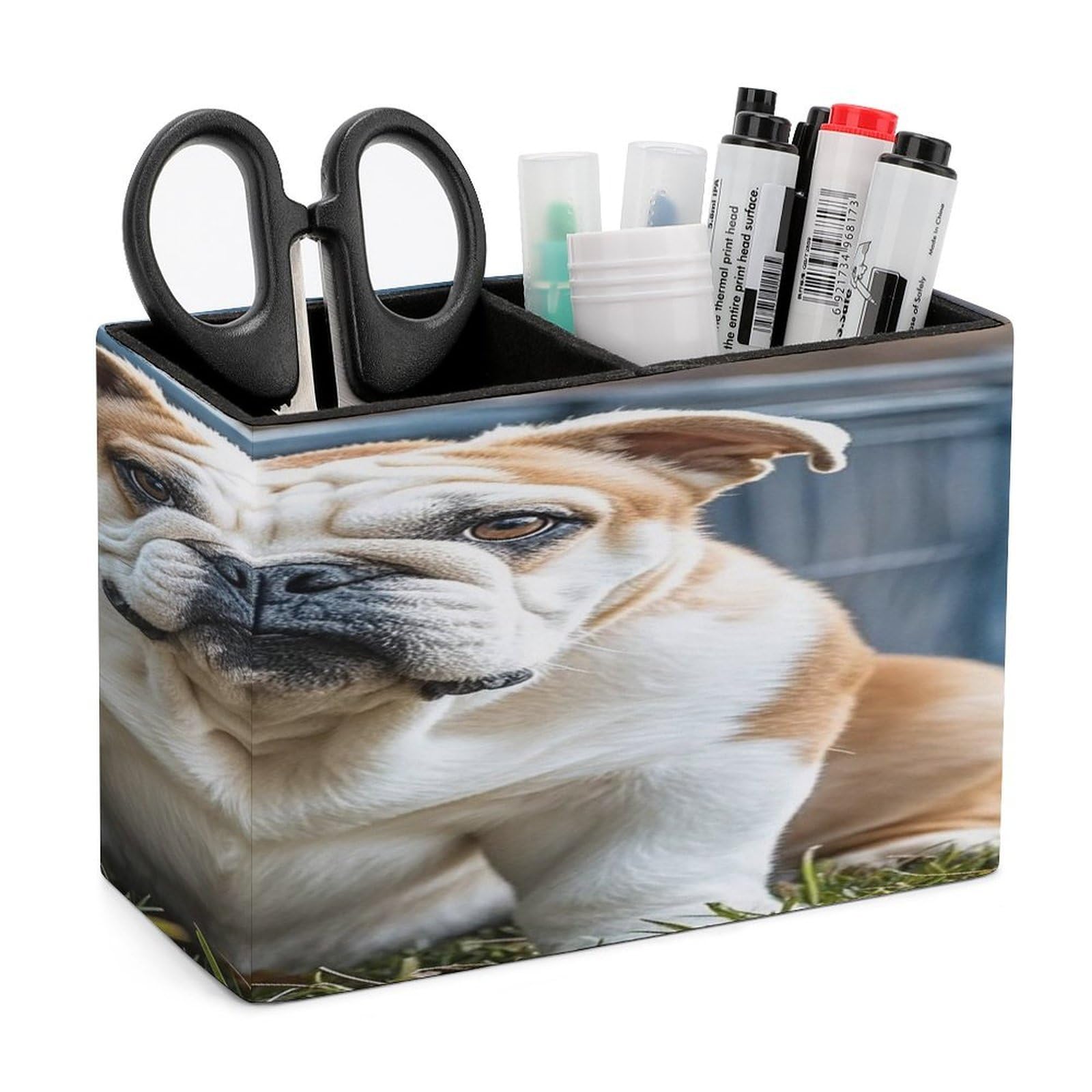 LZQPOEAS English Bulldogs Leather Pen Holder with 2 Compartments Luxury Pencil Holder Minimalist Pencil Cup Brush Scissor Holders Elegant Pen Cup for Office Home Desk Accessories