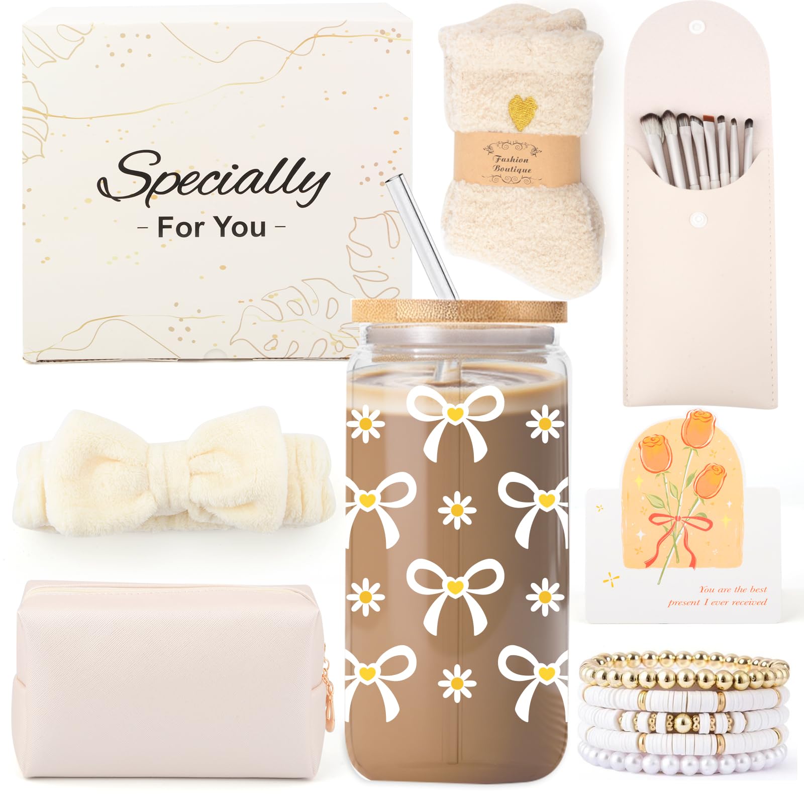 Gifts for Girls Teenage 9 10 11 12 13 14 Year Old, Birthday Gifts Presents for Girls Age 8-15, Glass Cup with Lid and Straw, Makeup Brushes Cosmetic Bag Bracelets Socks Headband, Bow Coffee Cup