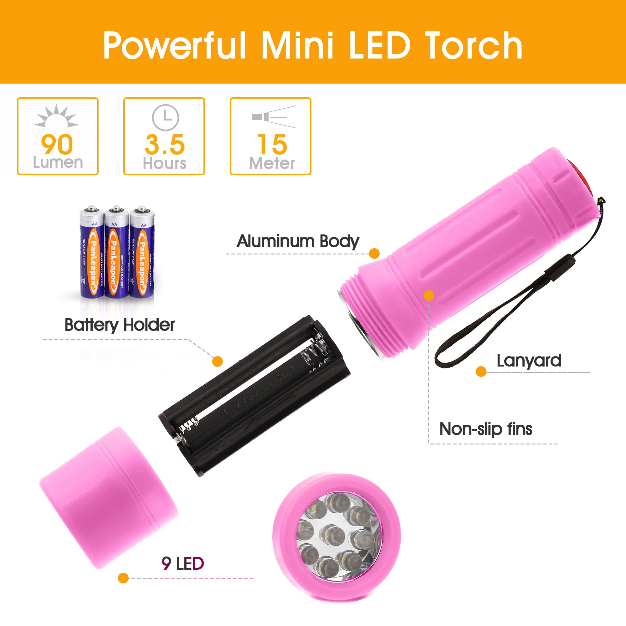 JTENG 4 Pezzi Torce Elettriche LED,torcia elettrica bambini in alluminio Torcia Portatile Set,con cordino,escursionismo, arrampicata e emergenze,12 x AAA Batterie