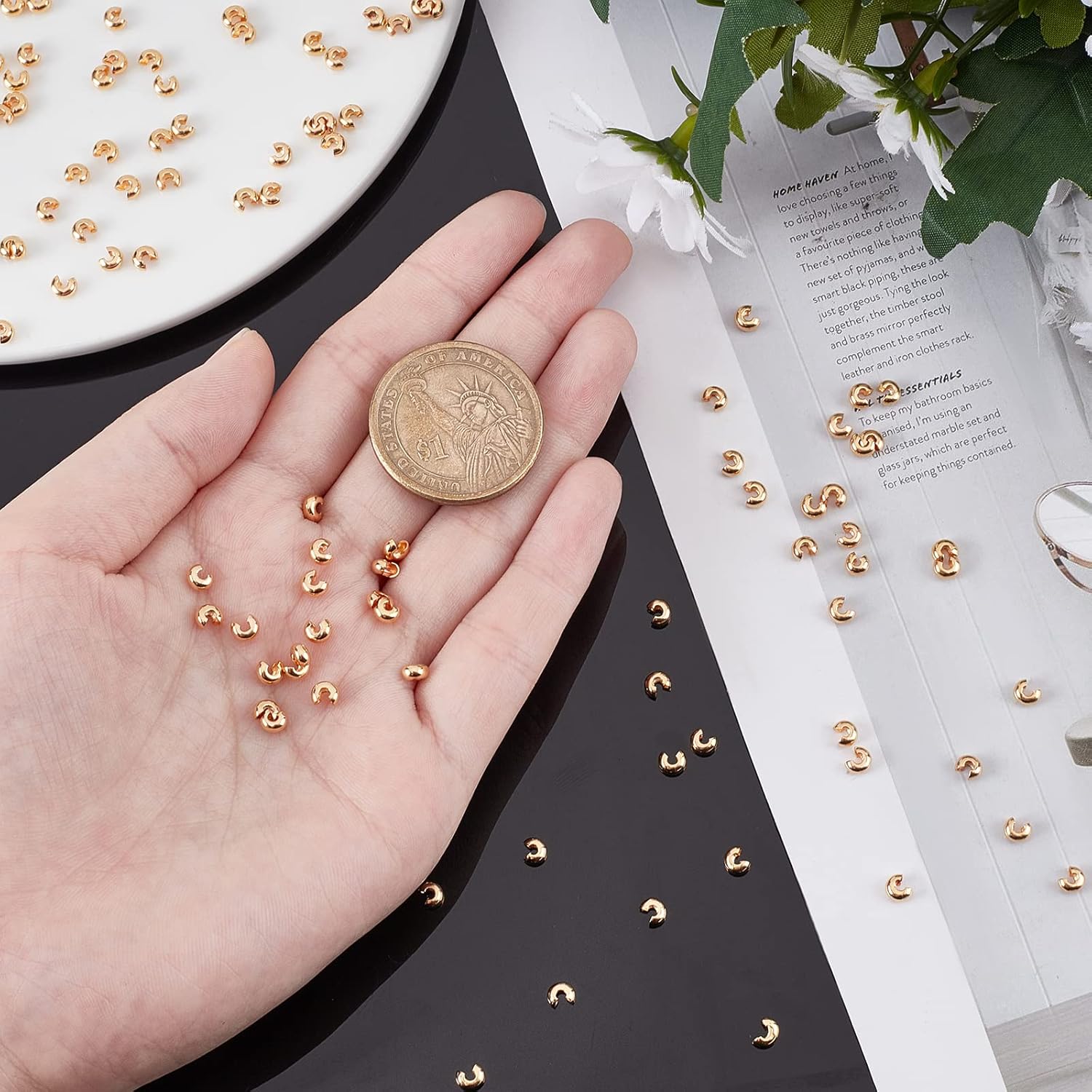 Beebeecraft 1Box 300Pcs 18K Gold Plated Crimp Bead Covers Metal Half Round Open Crimp Beads Knot Covers Caps 3mm for DIY Jewelry Makings - Image 3