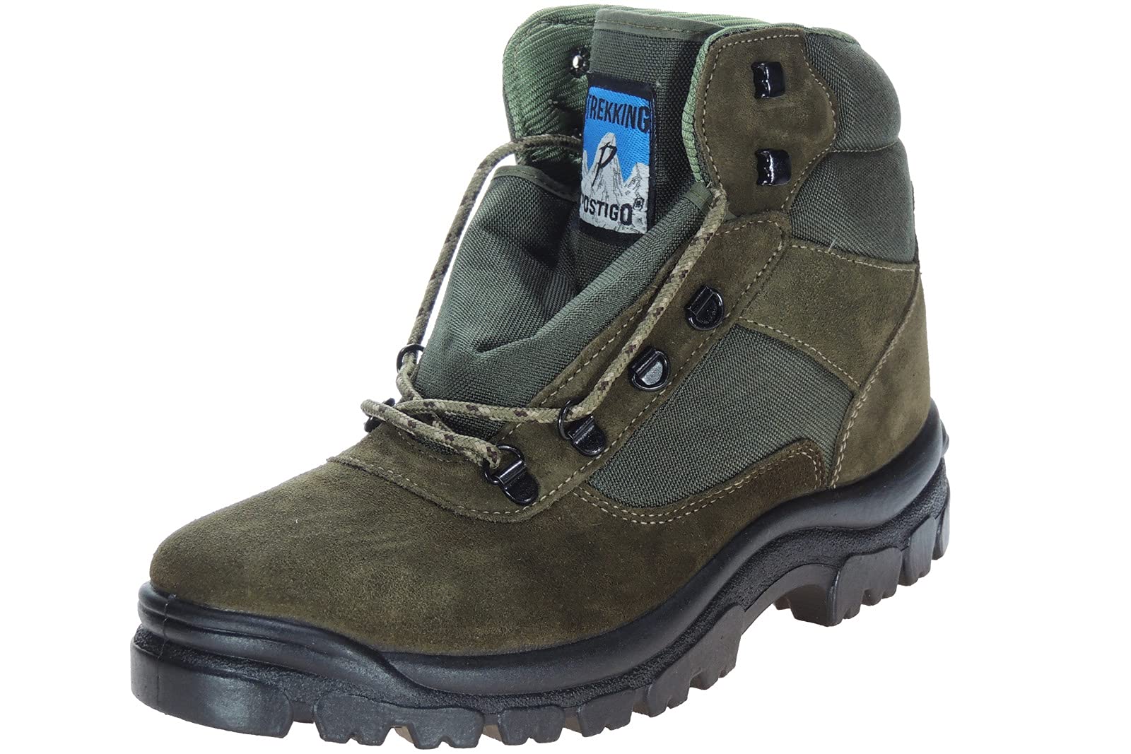 POSTIGO: Botas de Trekking para Montaña Senderismo Acampadas y Trabajo - Unisex para Niños y Adultos - Piel Serraje y Nailon - Gran Resistencia y Agarre. Verde Talla 43