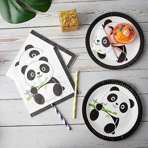 Miniatura 7 de 66 piezas de suministros de fiesta de panda, juego de vajilla desechable de panda con platos de panda, tazas, servilletas, pajitas, mantel para