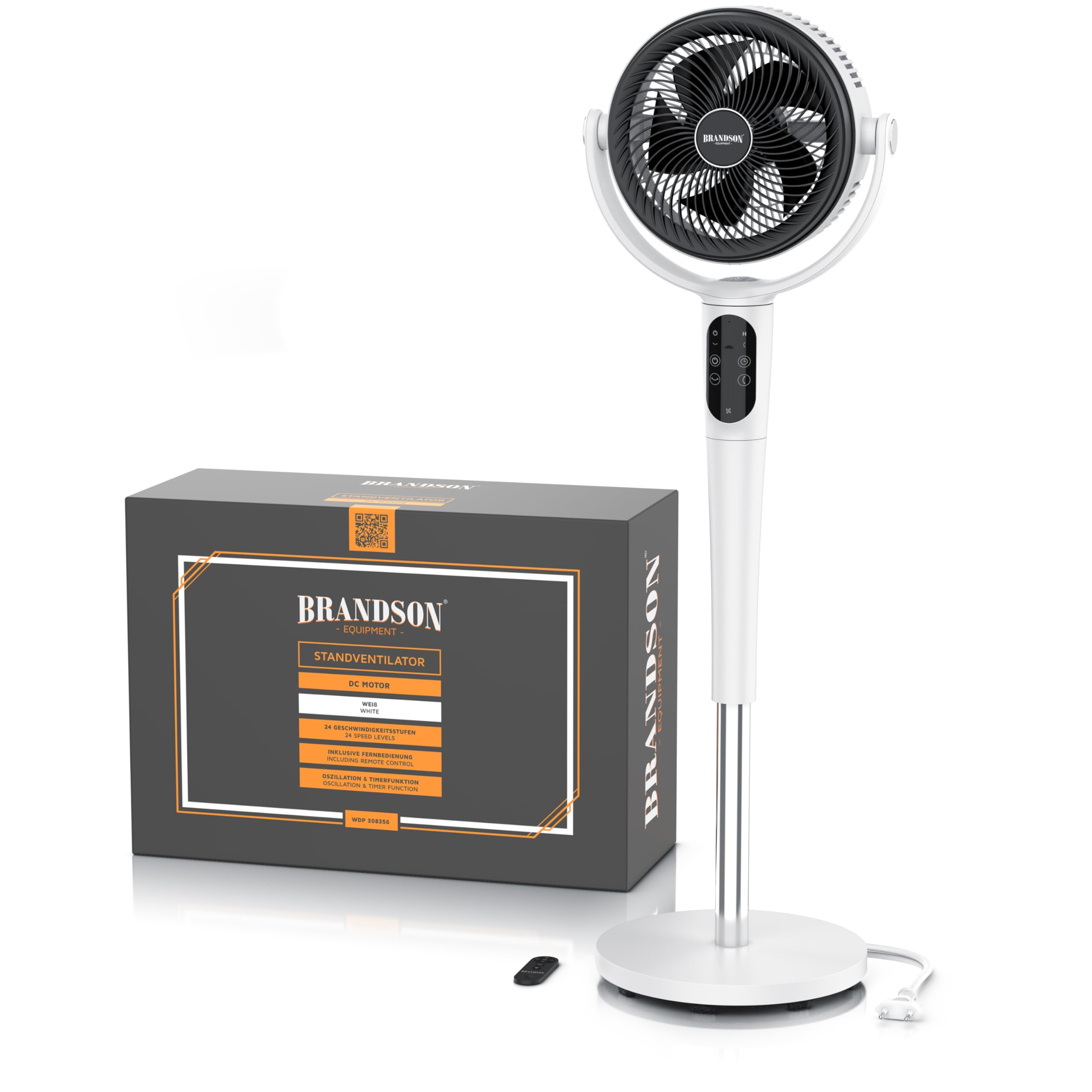Brandson - 3D Standventilator mit ECO DC Motor – sehr leise – Preisträger 2026-60% Energieeinsparung – Ventilator mit 24 Geschwindigkeiten – horizontale und vertikale Oszillation – Fernbedienung