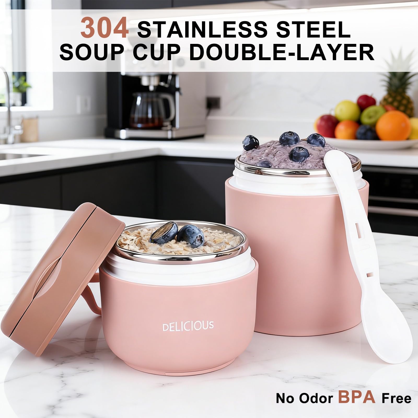 Contenitore termico a doppio strato per alimenti: 2 unità, isolamento sottovuoto, contenitore termico per pranzo da asporto (rosa e verde, 430 ml, 430 + 300 ml)