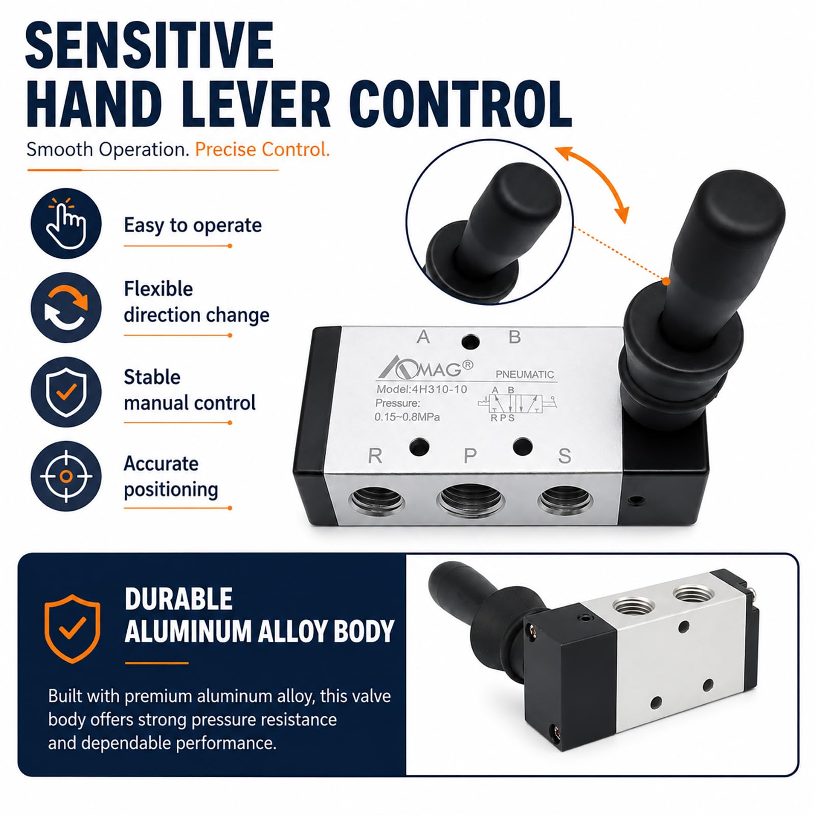 AOMAG Pneumatic 3/8" PT 5 Way 2 Postion Air Hand Lever Operated Valve Pneumatic Solenoid Valve Manual Control Push-Pull 4H310-10 — Amazon image 5