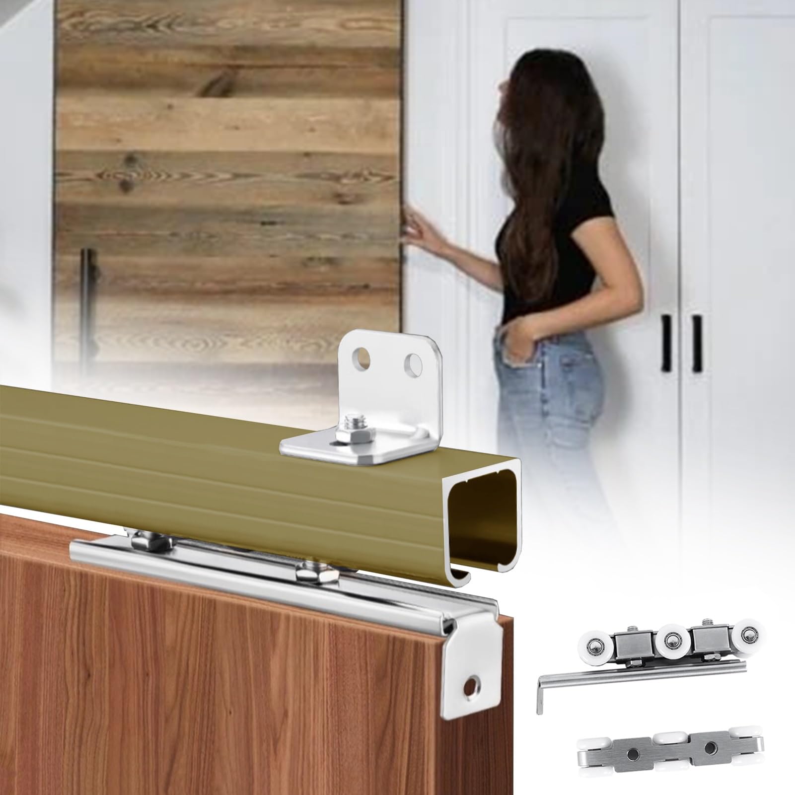 Sliding Door Track, Sliding Barn Door Hardware Kit 1.85mm Alum 6 Wheel 60kg 30-50mm Multi Lengths(Champagne,3.5m(11.5ft))
