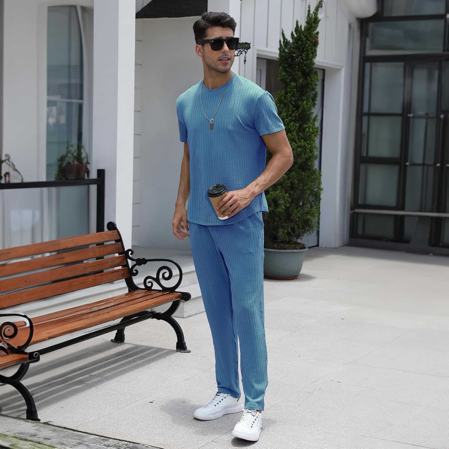FZNHQL Men's 2 Piece Outfits Sets Sweatsuit Fashion Textured Jacquard Tracksuit Two Piece Men Set