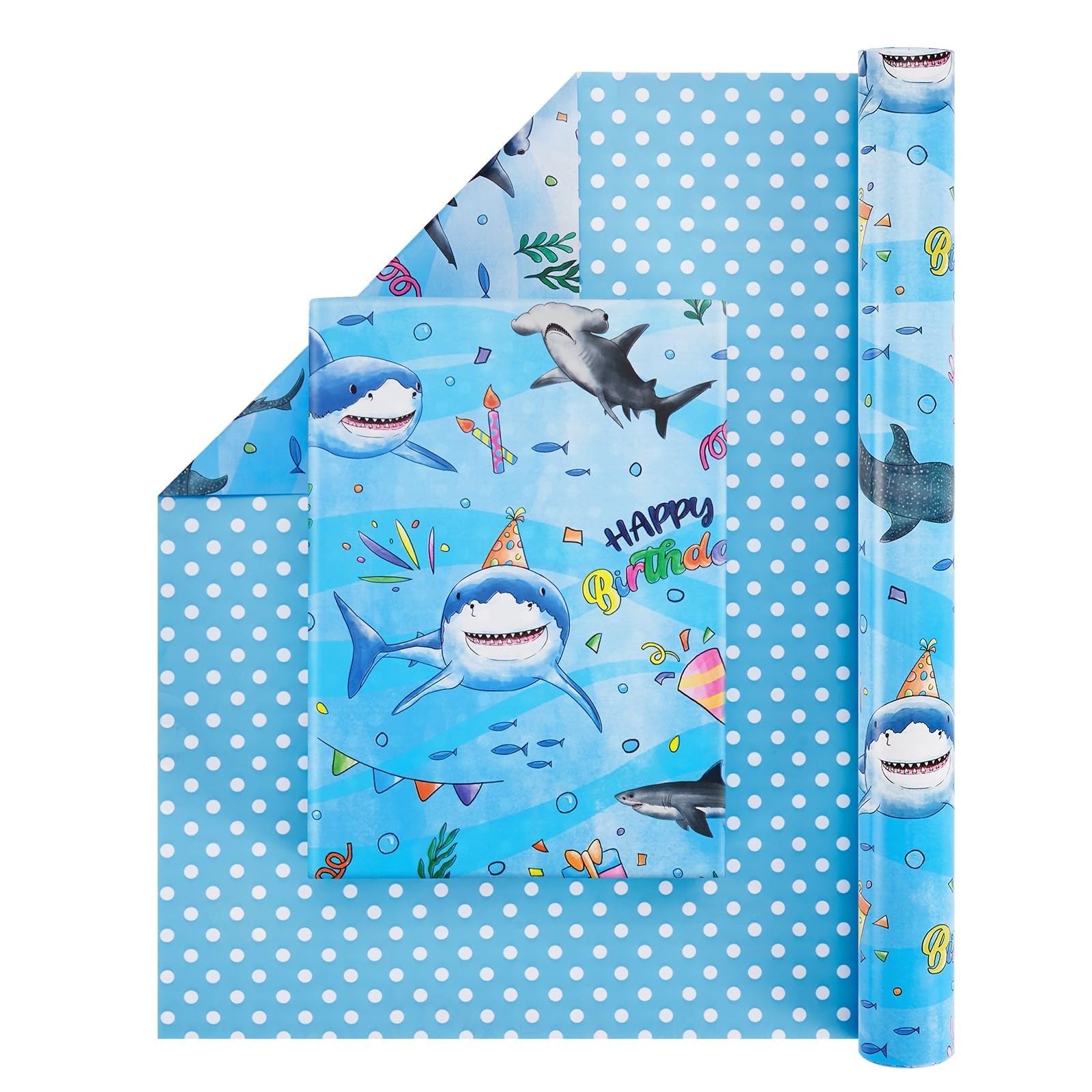 WERNNSAI Shark Wrapping Paper - 1 Roll Shark Happy Birthday Wrapping Paper Kids Blue Birthday Wrap Roll Boys Blue Under the Sea Gift Decoration 43 cm x 10m — image 1