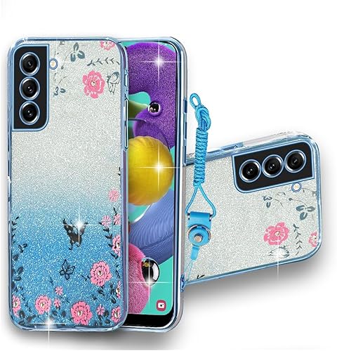 liancang Funda para teléfono Samsung Galaxy S21 FE, mariposa chapada en TPU transparente, purpurina gradual, funda Galaxy S21 FE (azul, Galaxy S21
