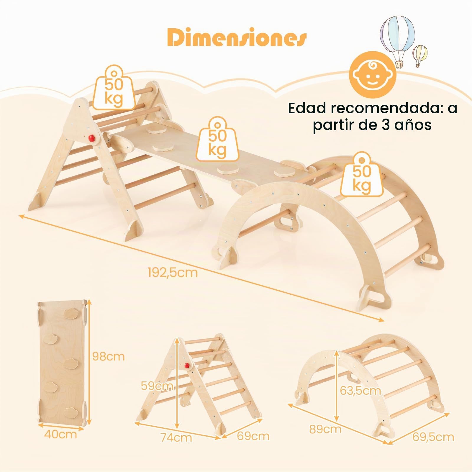 COSTWAY 7 en 1 Triángulo de Escalada de Madera para Niños, Juego de Escalada con Triángulo/Arco/Rampa para Deslizarse o Escalar, Set de Escalada Montessori para Niños 1+ Año, Natural (Ancho 69cm)