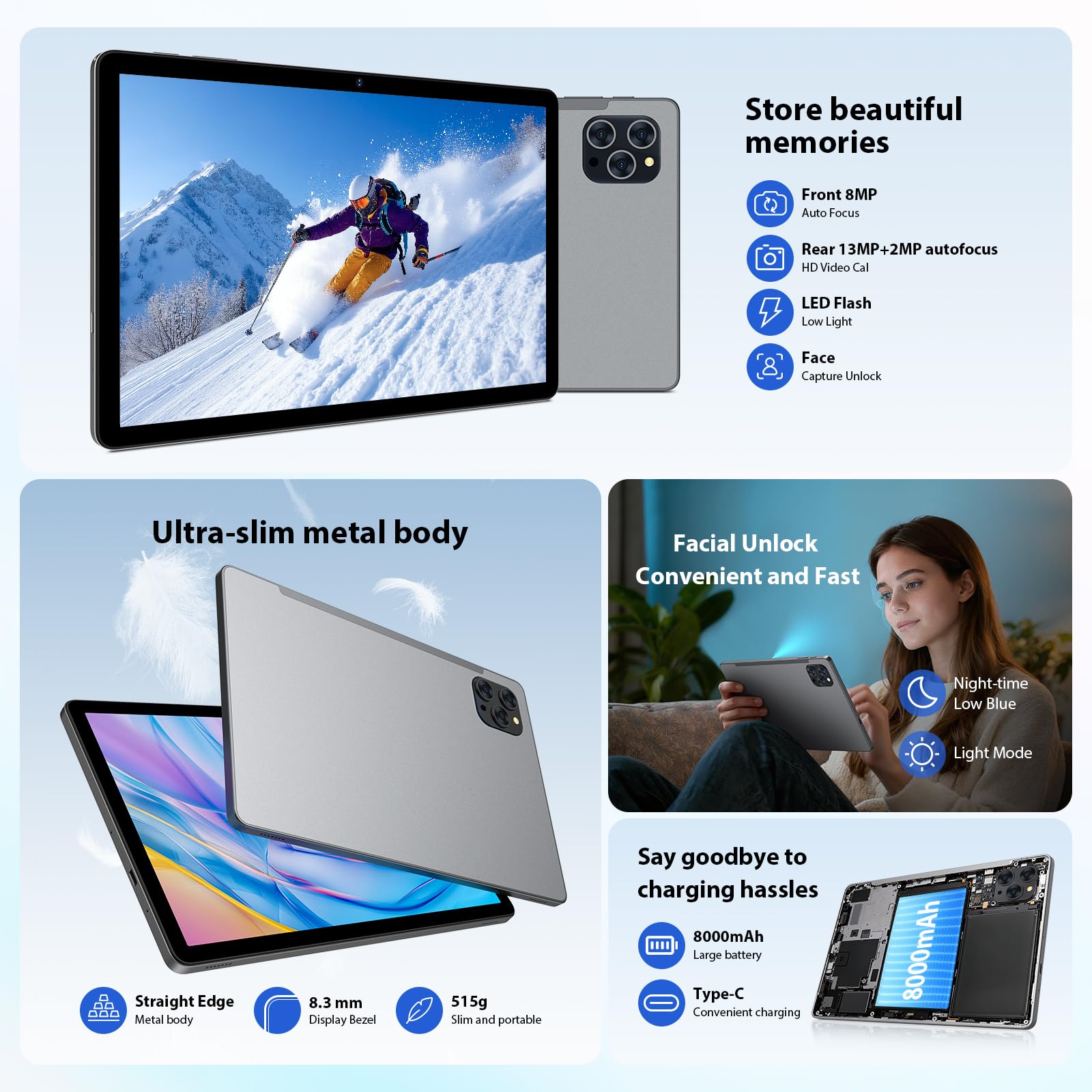 Tablet Android 16,36GB+512GB/2TB Tablet 11 Pollici,8000mAh,Octa Core,13MP+8MP,90Hz Netflix 1080P/Widevine L1/5G WiFi/BT5.0/Face ID/OTG/GPS,Tableta con Tastiera,Mouse,Grigio