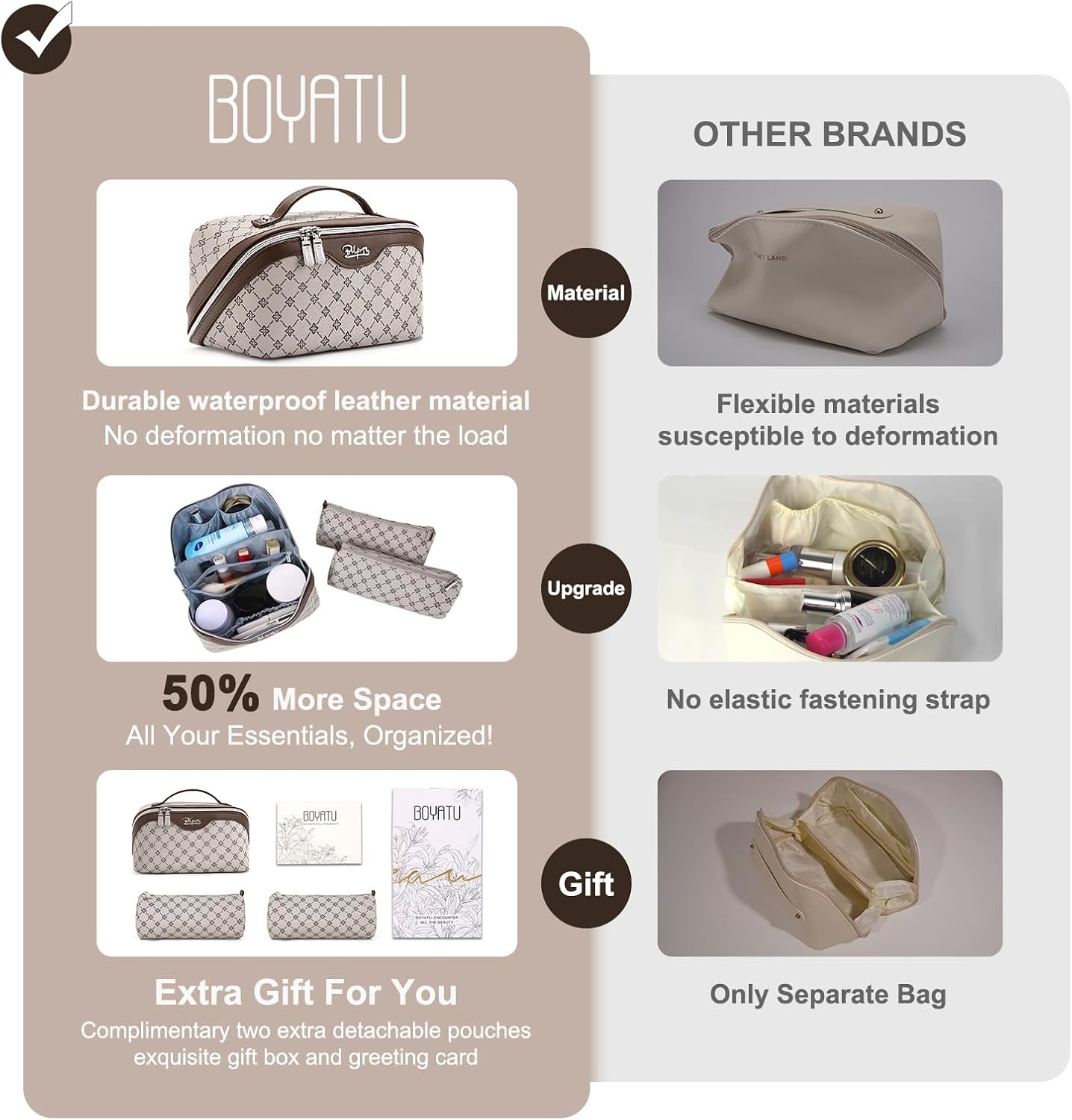 BOYATU Travel Makeup Bag Cosmetic Bags for Women: 3 Pcs Set Large Capacity Make up Bag with Handle - Vegan Leather Toiletry Bags with Compartments - Makeup Organizer for Travel Essentials(A-2-Khaki)