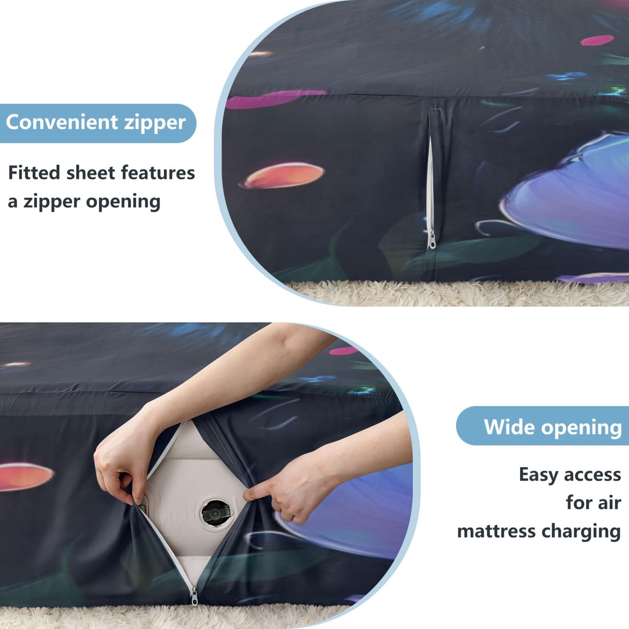 Galaxy Cat - Sábana bajera ajustable individual para colchón de aire, bolsillo extra profundo de 24 pulgadas, funda suave y transpirable con apertura de válvula de cremallera para cama de