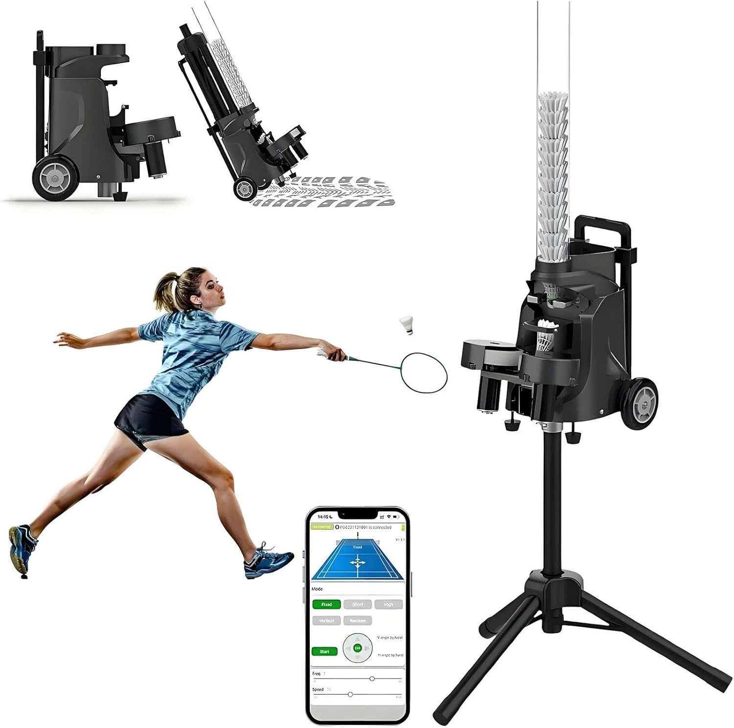 Upgraded Portable Automatic Badminton Launcher, Badminton Serving Machine with App Control, Smart Shuttlecock Feeder, Badminton Training Machine, 50+Capacity for Beginners and Professionals