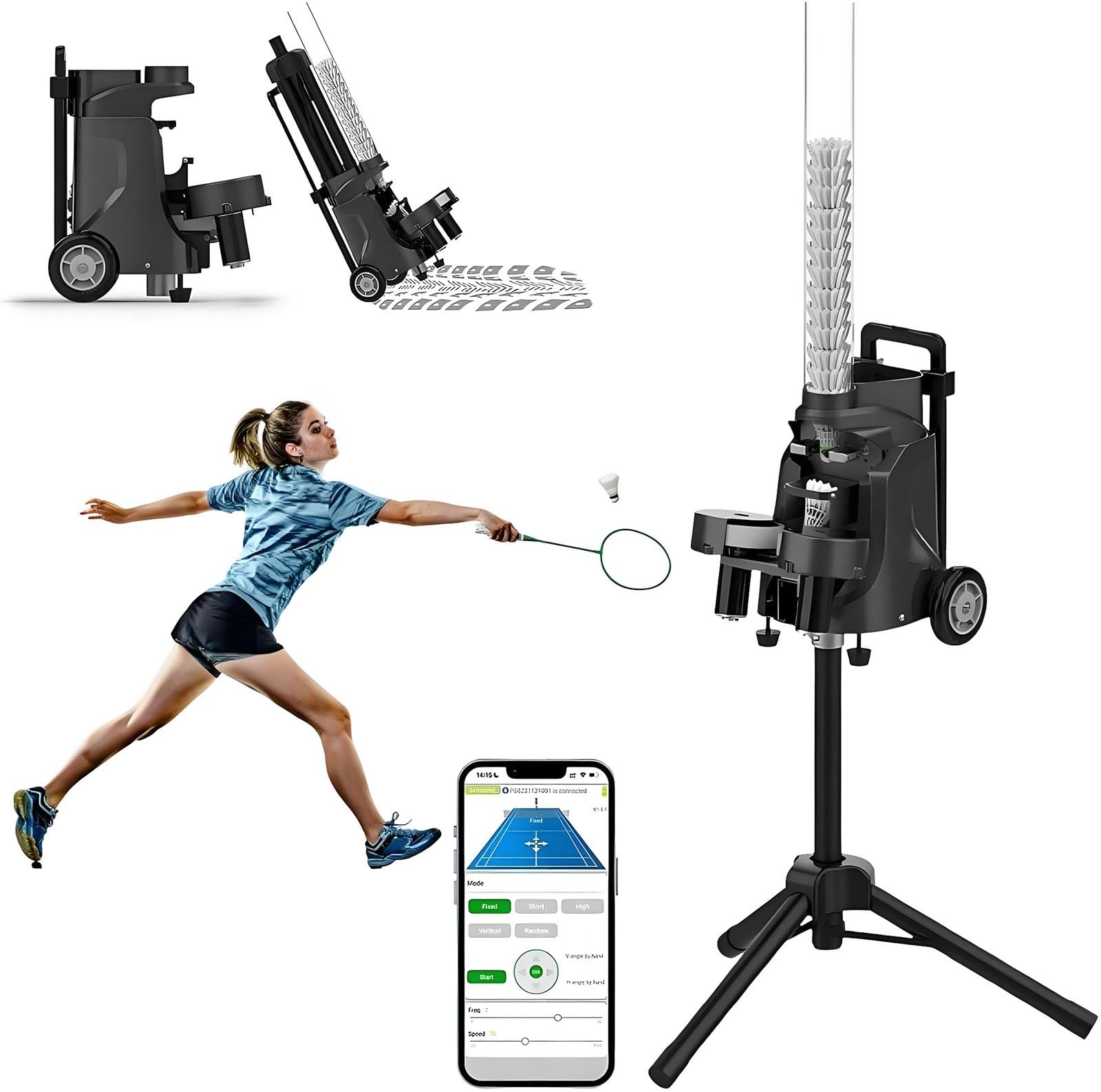Lanzador de bádminton automático portátil, máquina de servir bádminton con control de aplicación, alimentador de lanzadera inteligente, equipo de entrenamiento con capacidad de 50+ lanzadera para