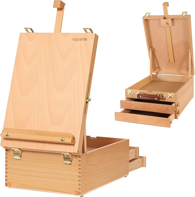 Cavalletto Da Tavolo Regolabile Con 3 Cassetti - Legno Di Faggio - Portatile Per Pittori, Artisti E Hobby
