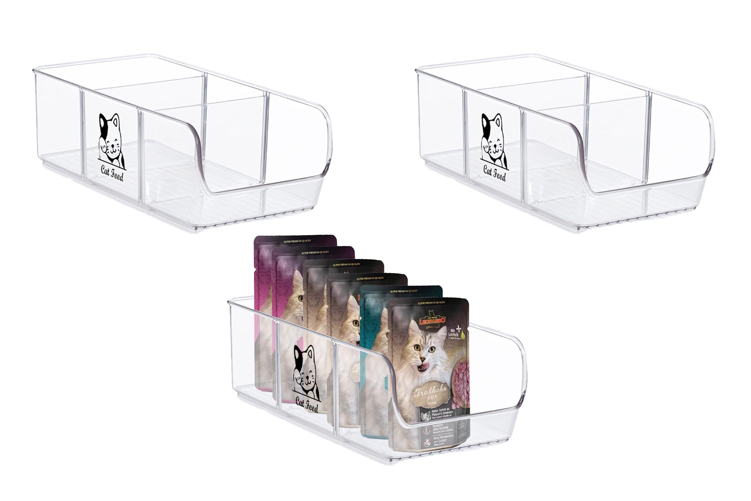 Ctomche Cat food Storage for Pouches, Cat Dog Treat Storage Containers 3 Compartment with Removal Divider,BPA-Free Plastic Pet food Pouch Storage Box,Cat Biscuits Dispenser Organizer Snack Station Bin