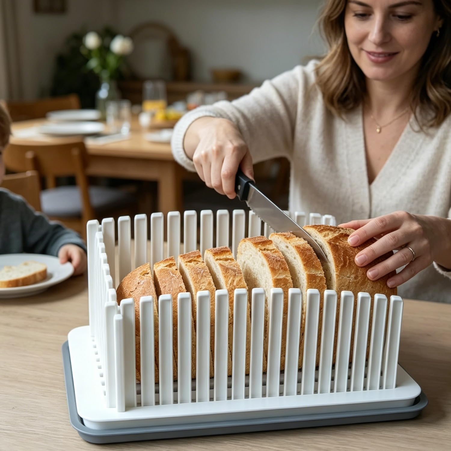 Adjustable Width Bread Slicing Guide for Homemade Bread, Foldable Space Saving Toast Loaf Slicer with Detachable Crumb Tray, Multi-Use Cutter for Bagels, Cakes & Sandwiches