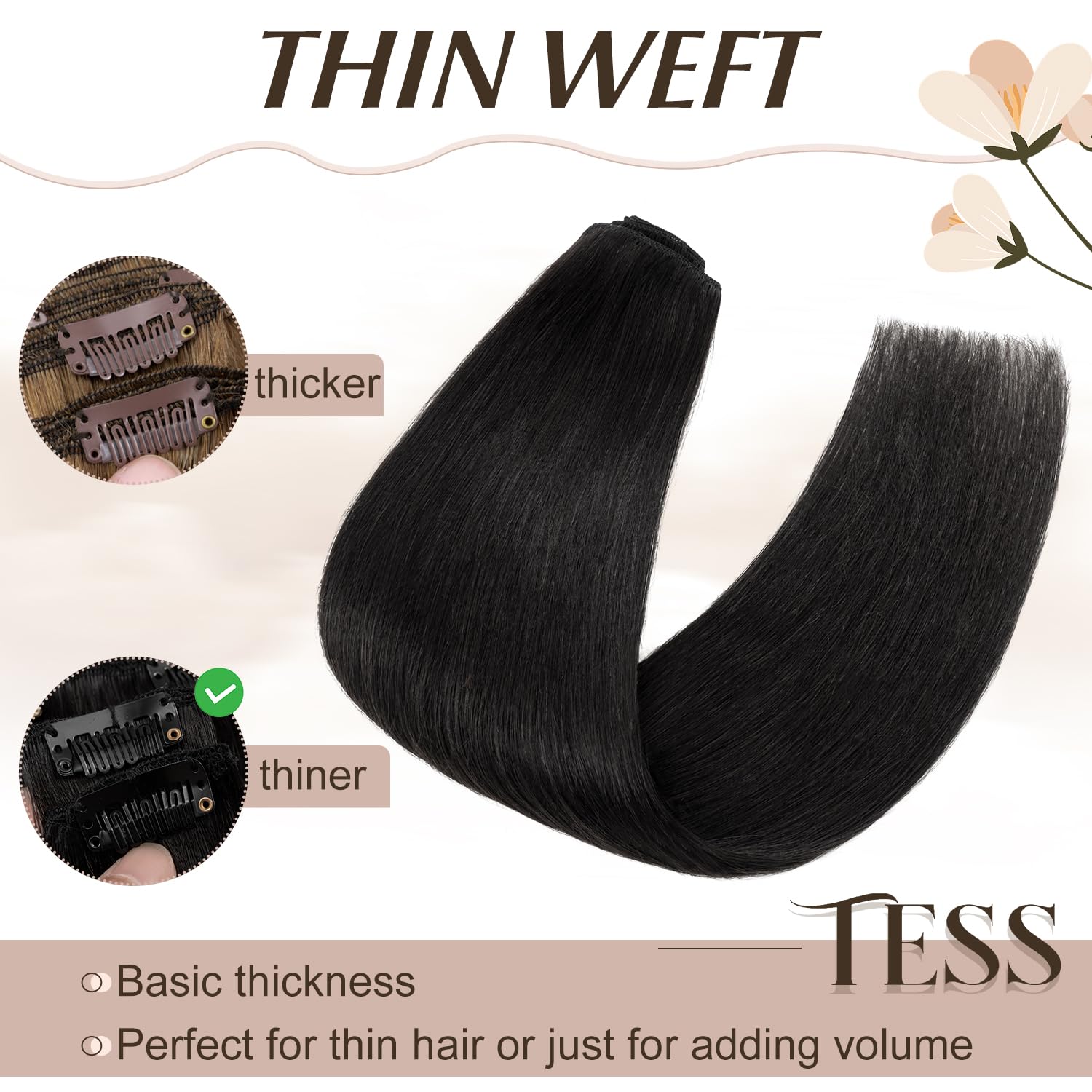 TESS Clip in Hair Extensions Real Human Hair Black Remy Seamless 8 Pieces Straight Short for Women/Girls (#01 Jet Black, 10 Inch 50g) - Image 4