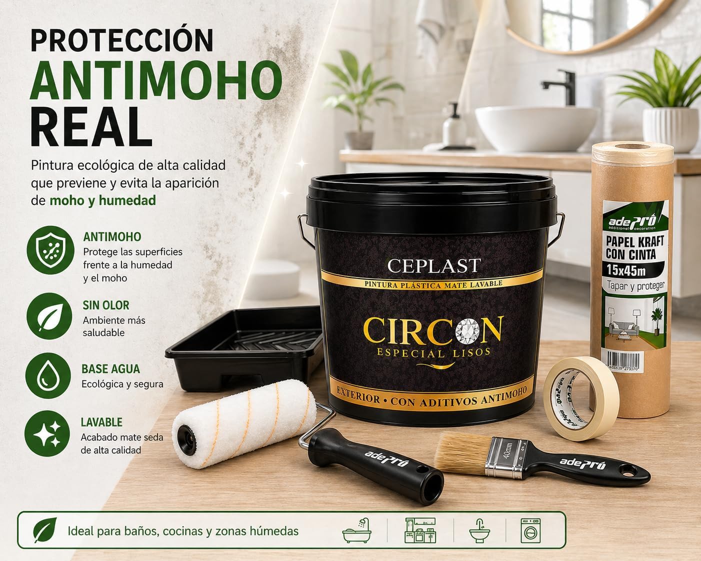Kit Pintura Antimoho y Antihumedad Interior/Exterior Acabado Seda – Alta Cobertura, Sin Olor, Base Agua – Incluye Rodillo, Cubeta, Paletina 40mm, Cinta y Papel Kraft – Pintura Blanca Profesional