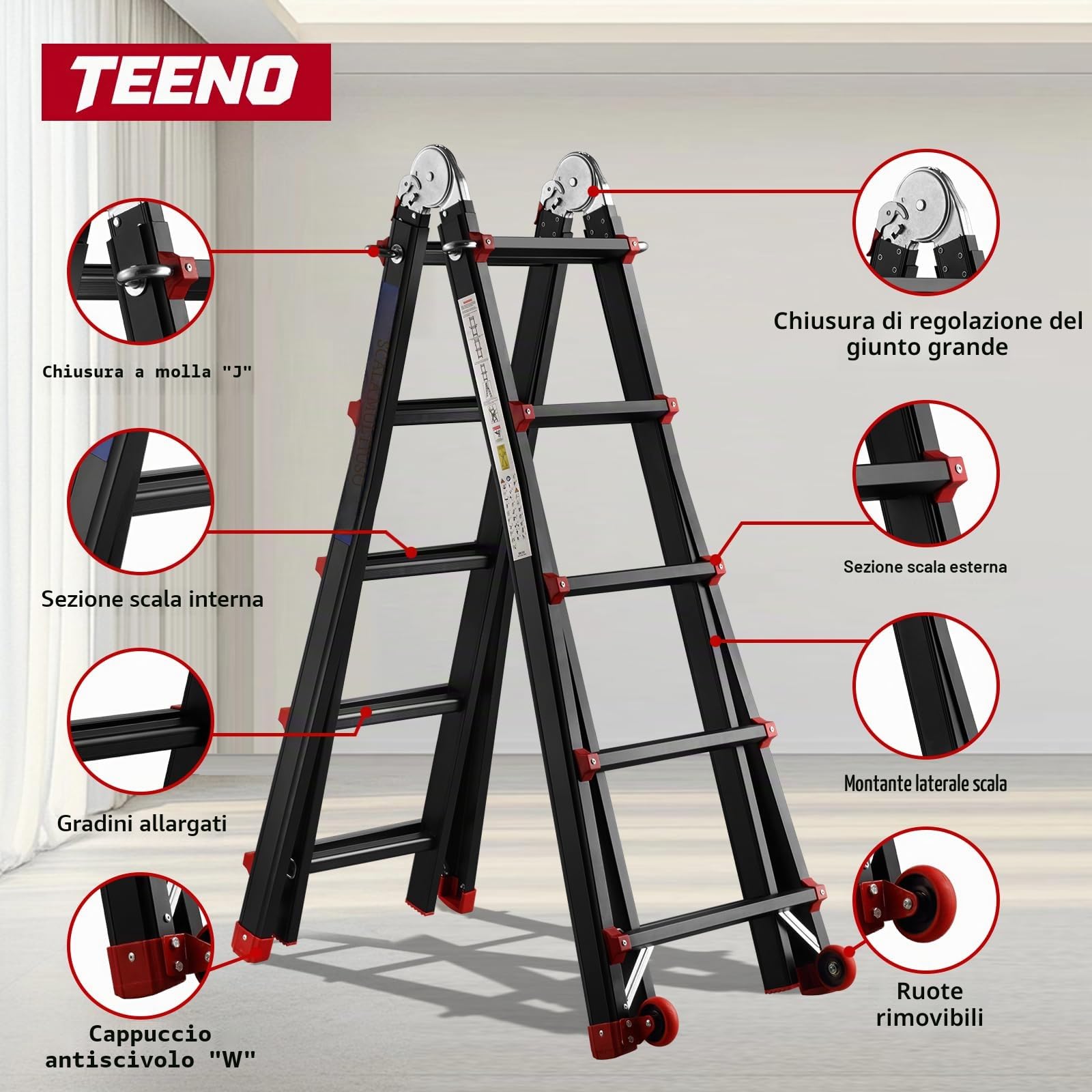 TEENO Scala Pieghevole Multifunzione 5,1 m, Scala telescopica con 2 Rimovibile Ruote e Base Rinforzata Triangolare, 5x5 Gradini, Carico 150KG, Nero