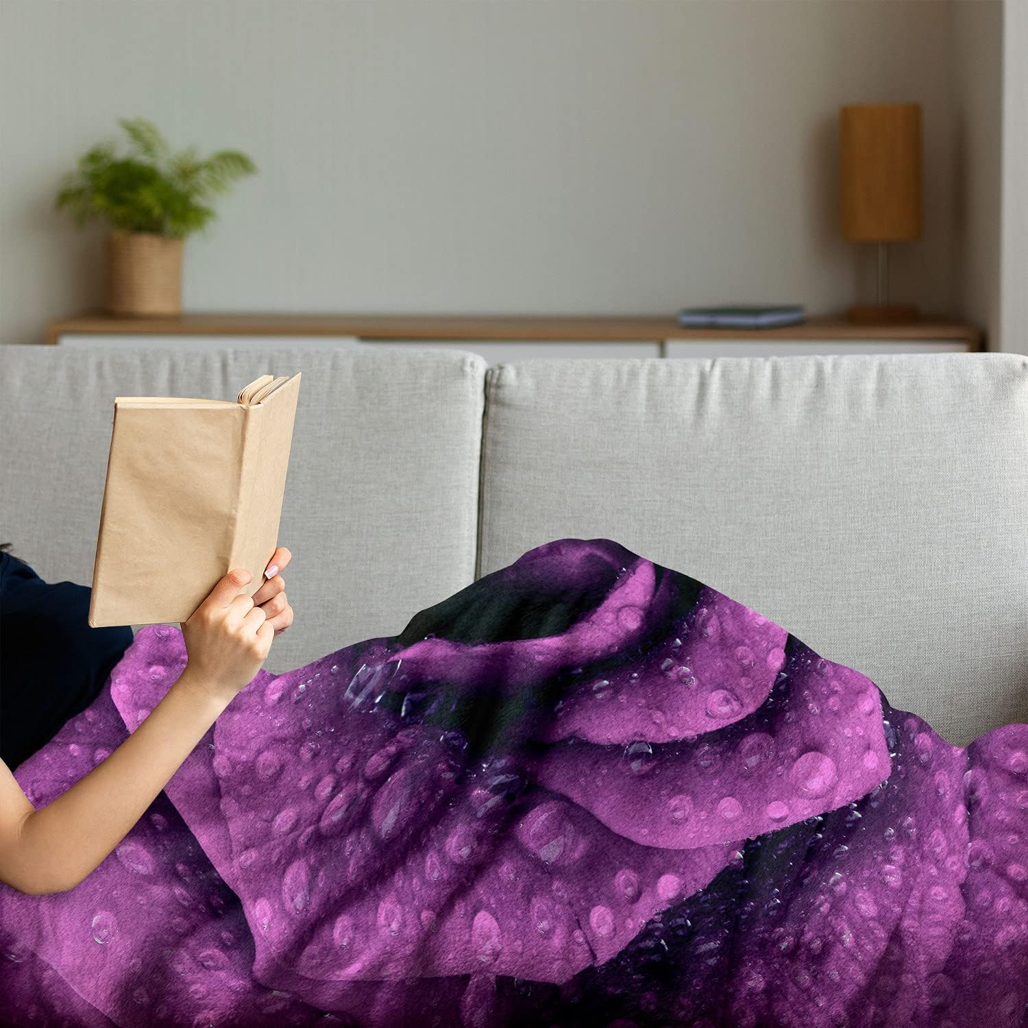 Lunarable Purple Throw Blanket, Fresh Raindrops on a Big Valentine Rose Universal Timeless Romantic Love Blooms, Flannel Fleece Accent Piece Soft Couch Cover for Adults, 60" x 80", Purple