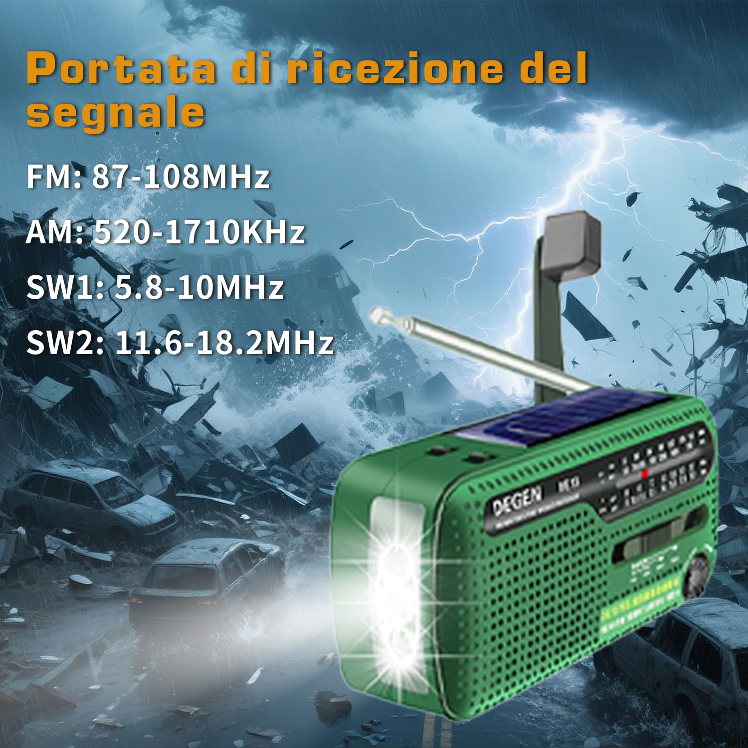 DE13 FM AM SW Radio Portatile Manovella Solare EmergenzaRadio Wind Up Radio con Torcia Elettrica Luce da Lettura Regolabile SOS Allarme Funzione Adatta a Famiglia Campeggio
