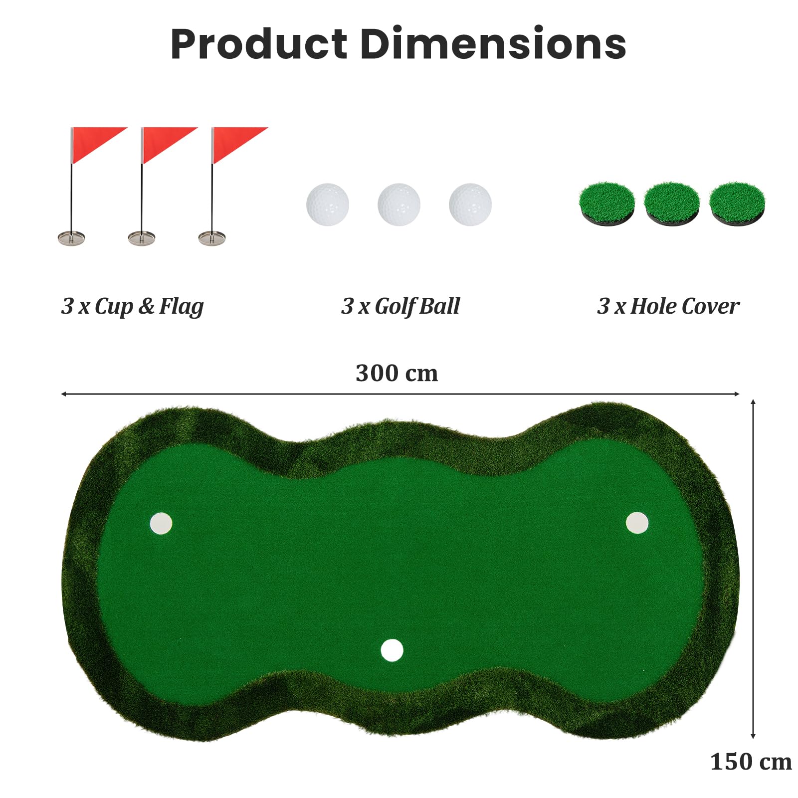 LIFEZEAL Golf Übungsmatte 150 x 300 cm, Puttingmatte mit 3 Löchern und Bällen, Trainingshilfe Golftraining für Indoor und Outdoor