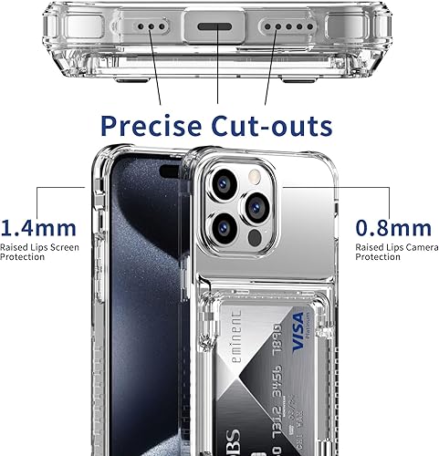 Miniatura 6 de Funda protectora transparente para iPhone 15 Pro con tarjetero de crédito, protección resistente, a prueba de golpes, antiarañazos, anti-amarilla,