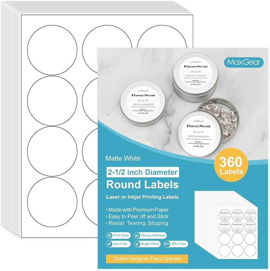 amazon-com-maxgear-2-5-round-sticker-labels-for-inkjet-or-laser-printer-matte-white-printable-labels-sheets-strong-adhesive-dries-quickly-holds-ink-well-30-sheets-360-pcs-office-products