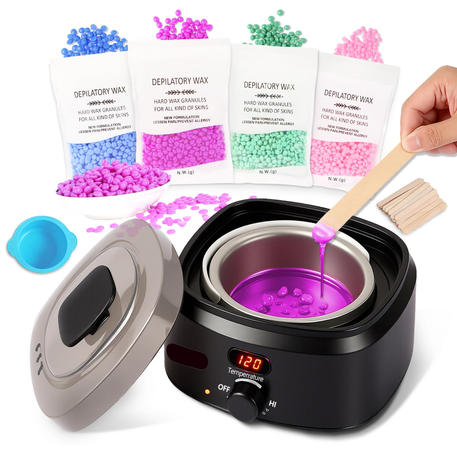 Waxing Set,Wachs Haarentfernung,Digitales Wachswärmer Wax Maschine Enthaarungswachs mit 400g Wax,20 Wachsstäbchen,Silikonschale,Warmwachs haarentfernung zu Hause,Waxing Maschine Set für Ganzkörper