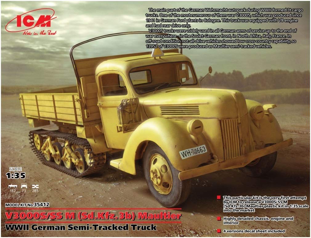 ICM 1/35 Scale V3000S/SS M (Sd.Kfz.3b) Maultier - WWII German Semi-Tracked Truck Model Building Kit #35412