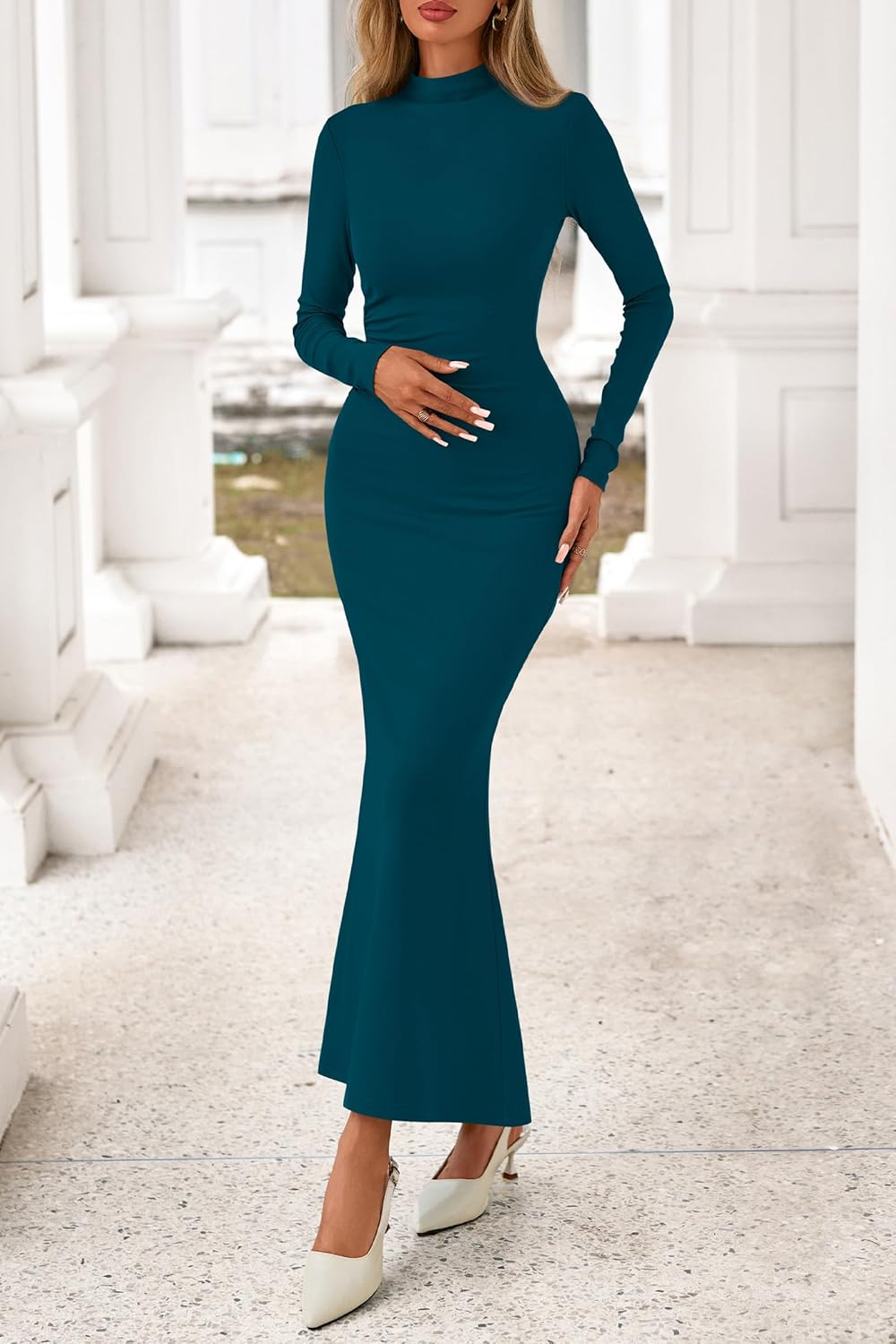 dowerme Spring Dresses for Women 2026 Formal Mock Neck Long Sleeve Ruched Knit Bodycon Mermaid Maxi Wedding Guest Dress - Image 8