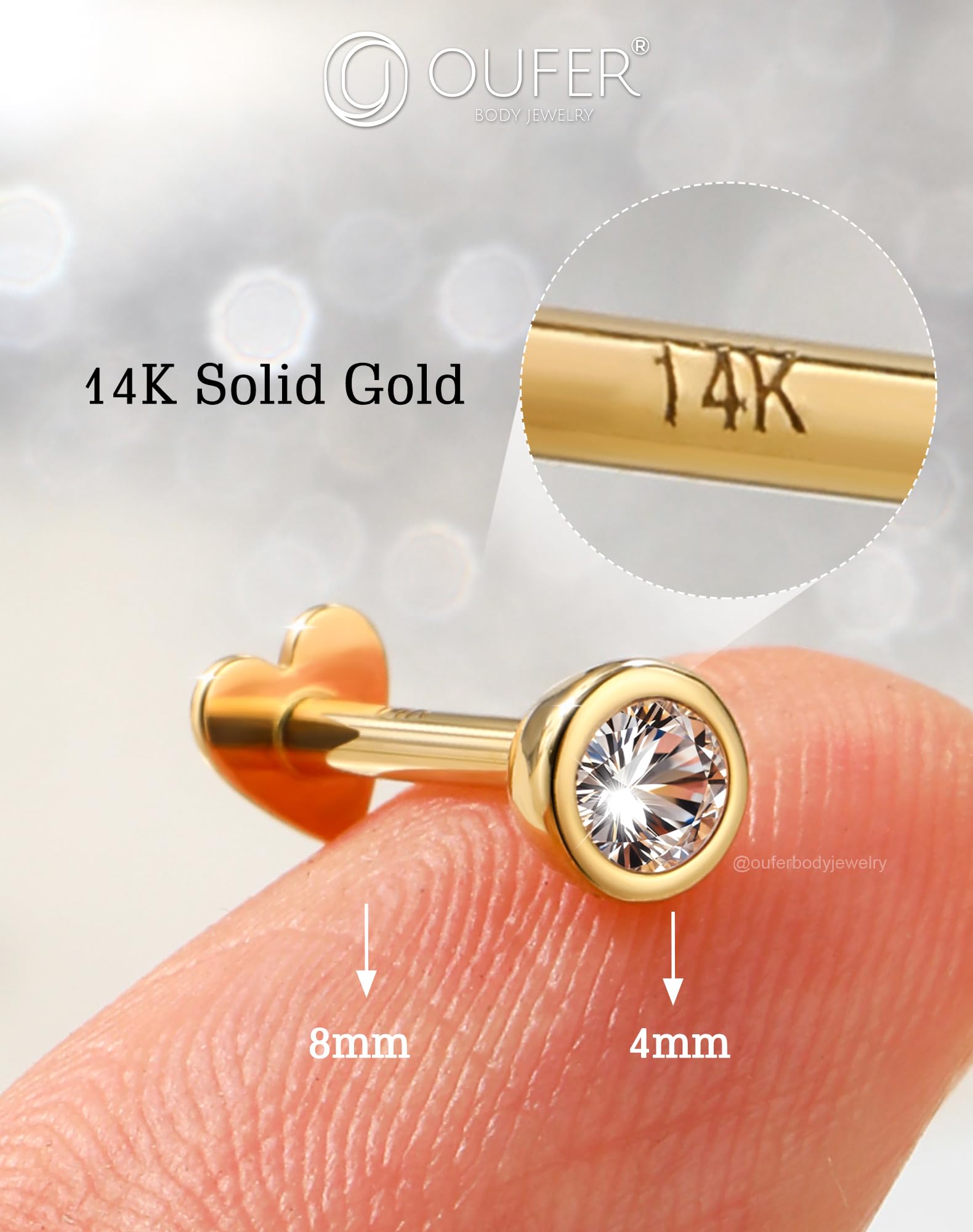 OUFER Body Piercing Threadless 14K Gold Helix Earrings 16G Labret Piercing Jewellery Heart Push in Lip Stud Bar Clear CZ Tragus Conch Piercing Cartilage Earrings