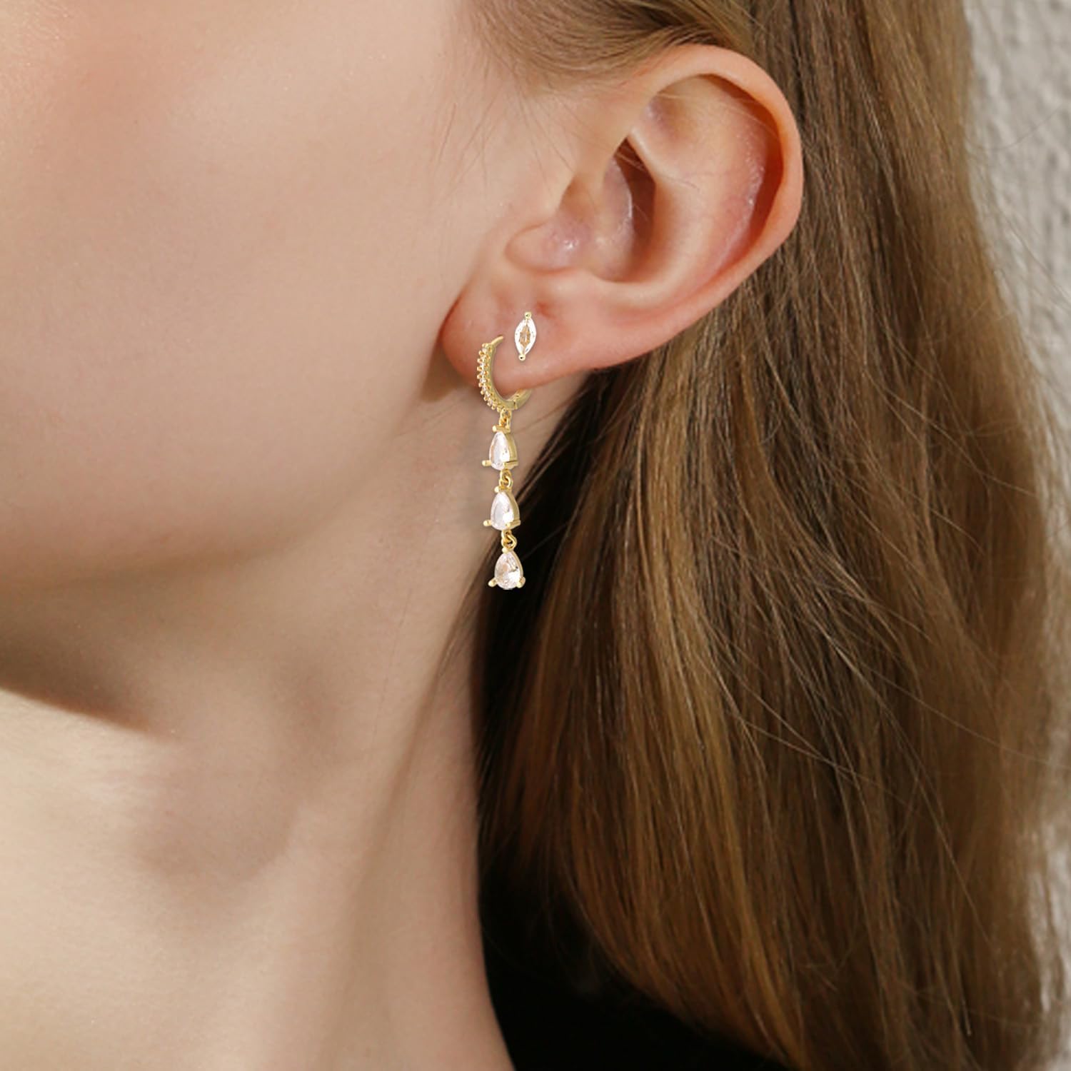 2 Pairs Gold Drop Earrings Set, Copper Plated Diamond Stud Dangly Dangle Earrings Fashion Trendy Pendant Ear Jewelry Accessories for Women Party Gift - Image 7