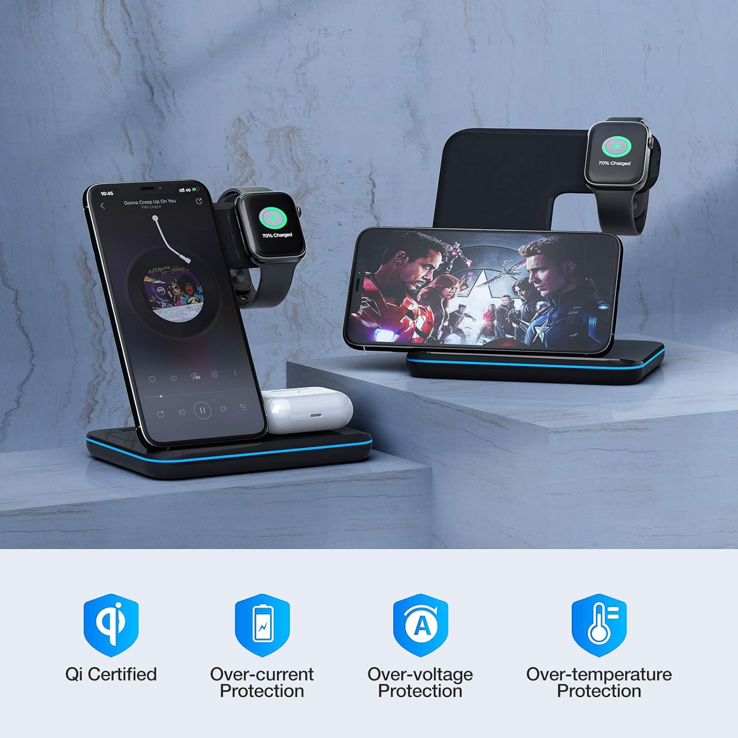 Upgraded Wireless Charging Station, 3-in-1 Wireless Charger Stand for Apple Watch 6/5/4/3/2/1, Airpods Pro/2, iPhone SE II/11/11 Pro/11 Pro Max, XS Max/XS/XR/X/ 8/ Plus, Samsung S20/S10/S9, Note 10/9
