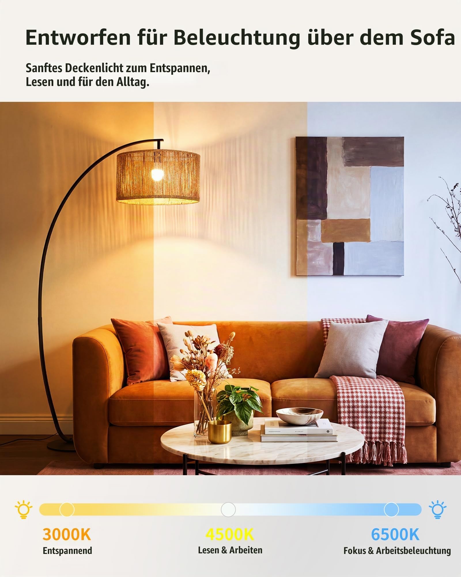 Bogenlampe Rattan, 101cm Ausladung, E27 Stehlampe Boho | Flachrohr Design, H178 cm, drehbar Lampenkopf, Fußschalter und 3 Farbtemperatur für Wohnzimmer Sofa Esstisch OVEL FL22