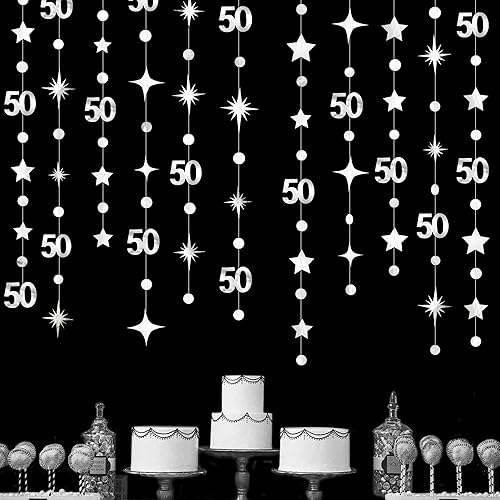 Miniatura 36 de Decoraciones negras de cumpleaños número 50, guirnalda de estrellas centelleantes con el número 50, guirnalda metálica para colgar en banderines