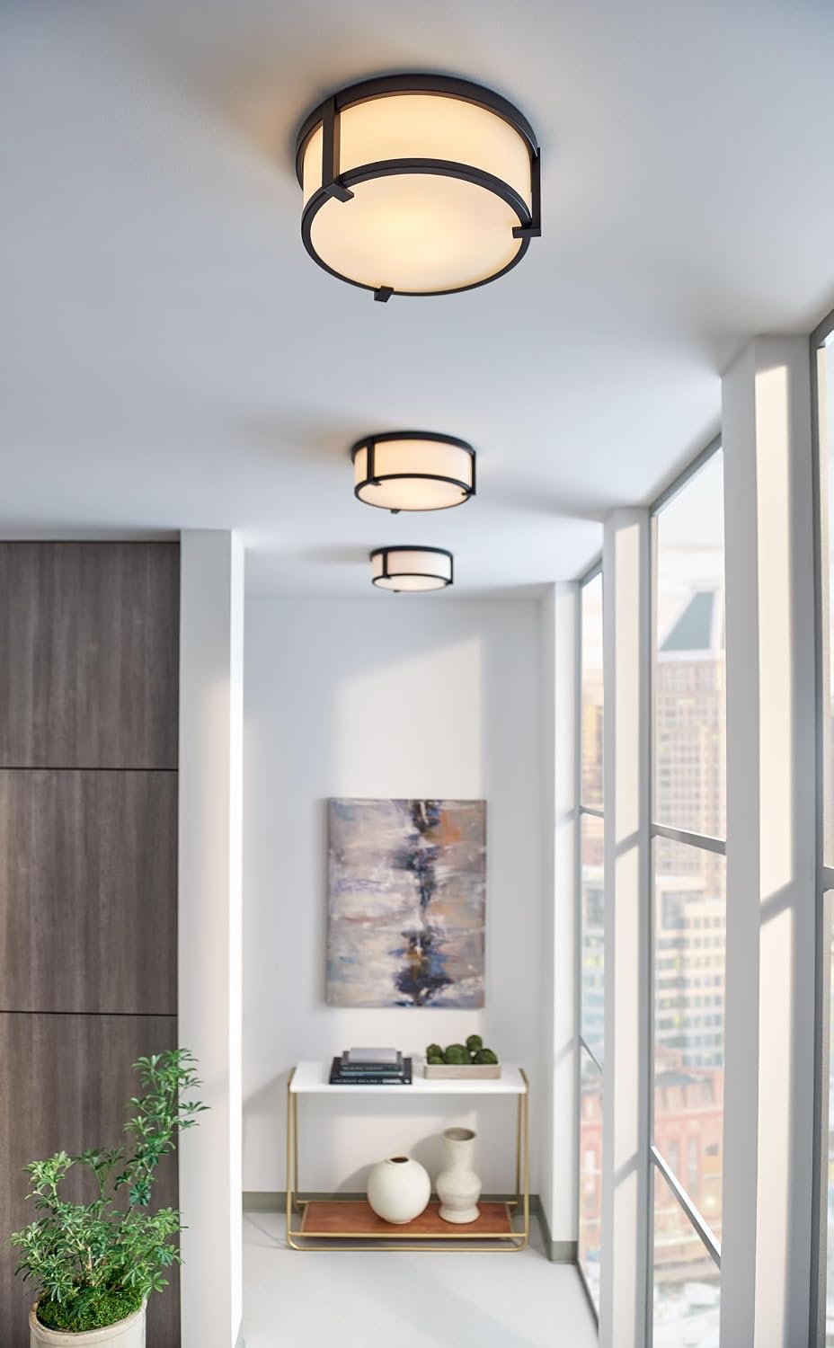 Hinkley Lowell 3243BK Medium Flush Mount Ceiling Light, Twist Lock System Keeps Fixture Flush with Ceiling, Damp-Rated for Bathrooms, Laundry Rooms, Black and Etched Opal Glass