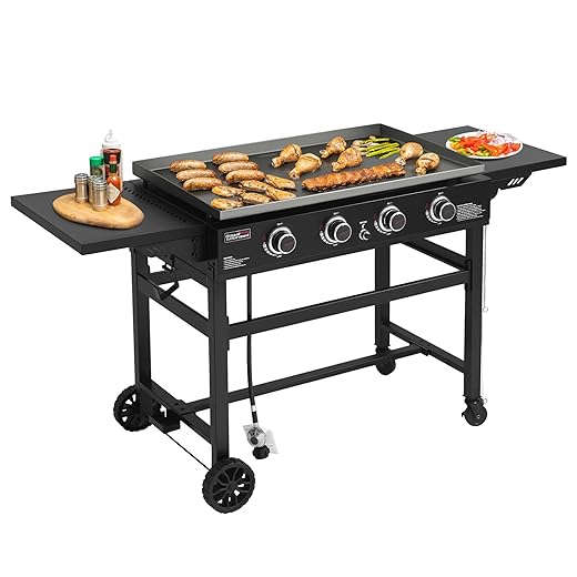 Royal Gourmet GB4001B 4-Burner Flat Top Gas Grill 52000-BTU Propane Fueled Professional Outdoor Griddle 36inch Backyard Cooking with Side Table, Black