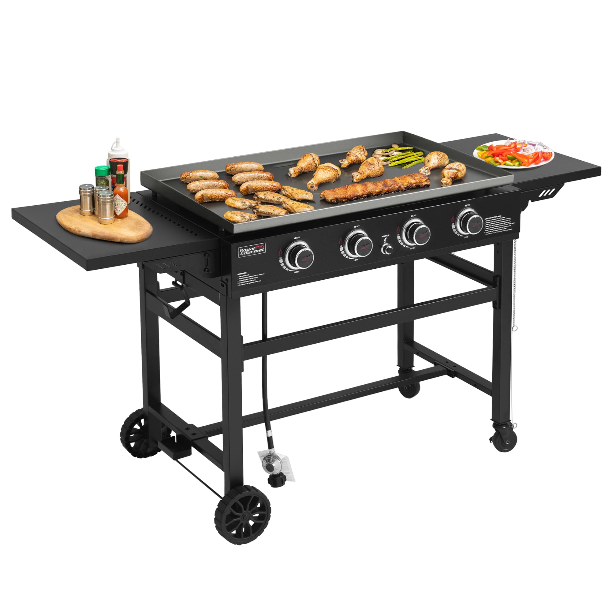 Royal GourmetGB4001B 4 Burner Propane Gas Griddle with Foldable Side Tables, 35-Inch Flat Top Griddle with 52,000 BTUs Output for Outdoor Cooking like Camping or Tailgating, Black