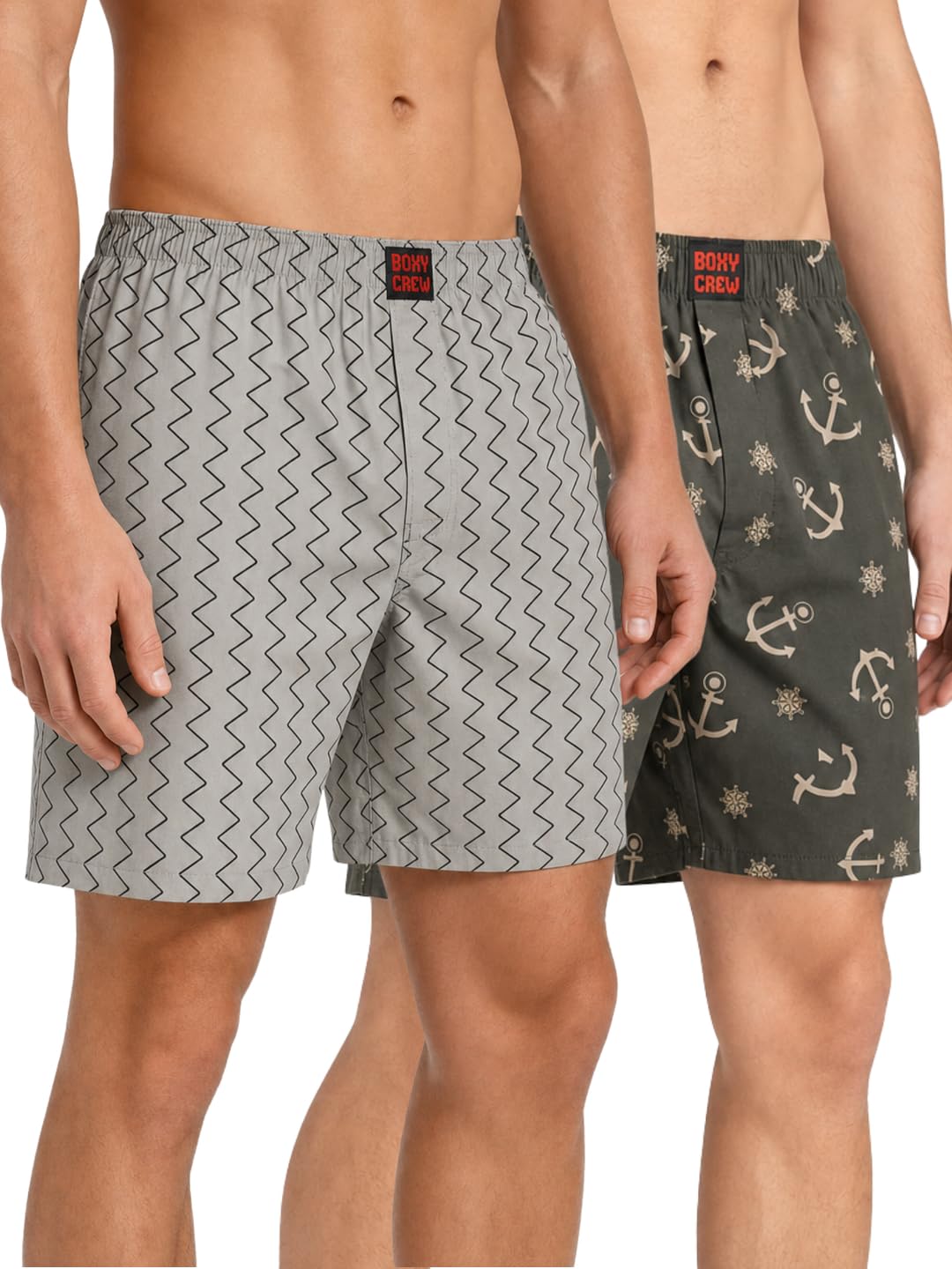 Men's 100% Cotton Printed Boxer Shorts Pack of 2 with Dual Side Pockets and Fabric-Covered Waistband - Grey/Olive, Styles MBX018, MBX020-picture-58