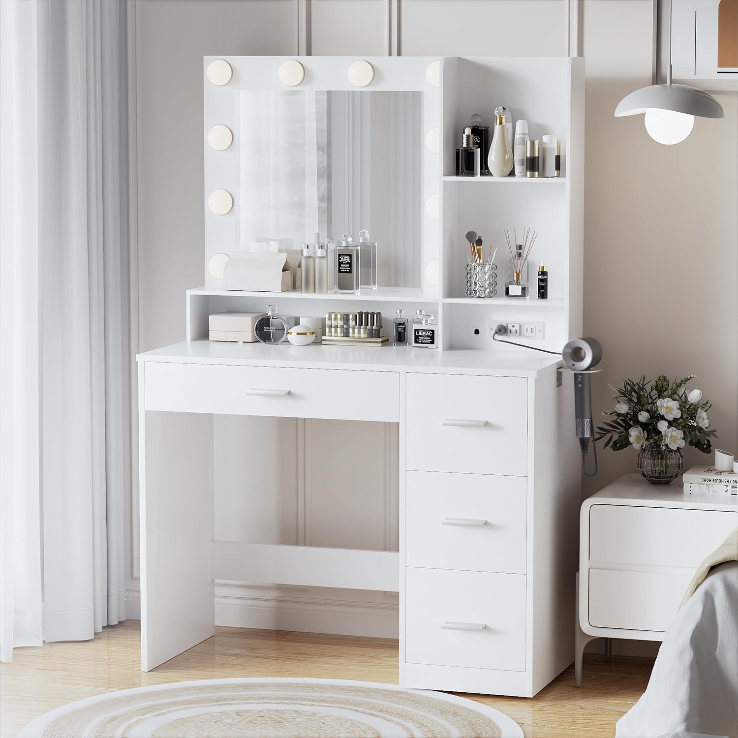 YESHOMY 39" Vanity Desk with Mirror & Lights, Vanity Table with 4 Drawers & Storage Shelves, Built-in Outlet, 3 Color Modes & Adjustable Brightness Dressing Table, Bedroom, White