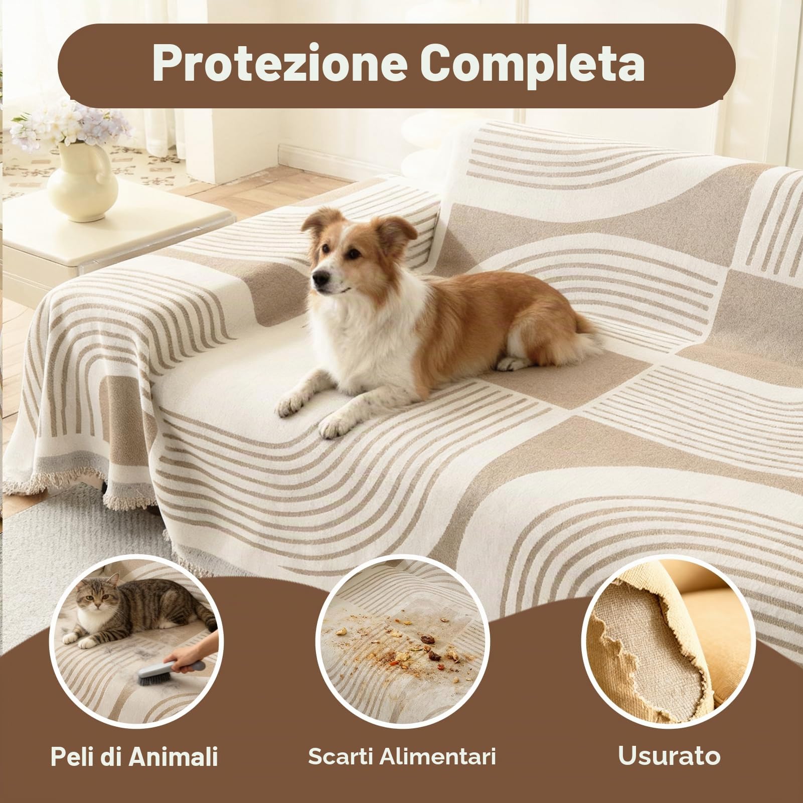 WEYOND Copridivano con Penisola, 2 Pezzi, 180 x 300cm + 180 x 260cm, Kaki | Telo Copridivano in Ciniglia, Antiscivolo e Antimacchia Copridivano Angolare, Universale per 2/3/4 Posti