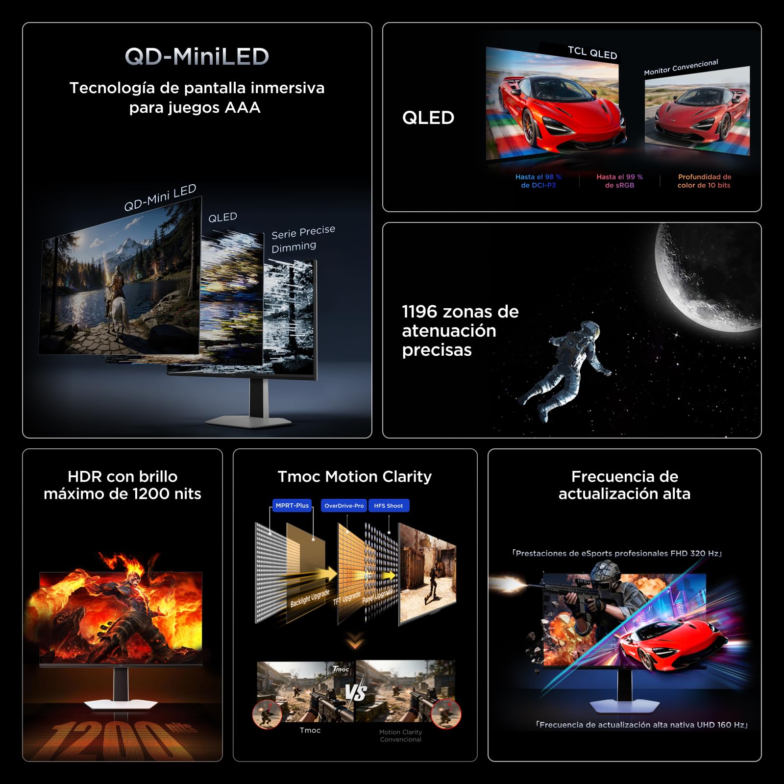 TCL 27C2A Monitor Gaming 27 Pulgadas QD-Mini LED 4K UHD 160Hz, 320Hz FHD, 1200 nits, 1ms, AMD FreeSync Premium